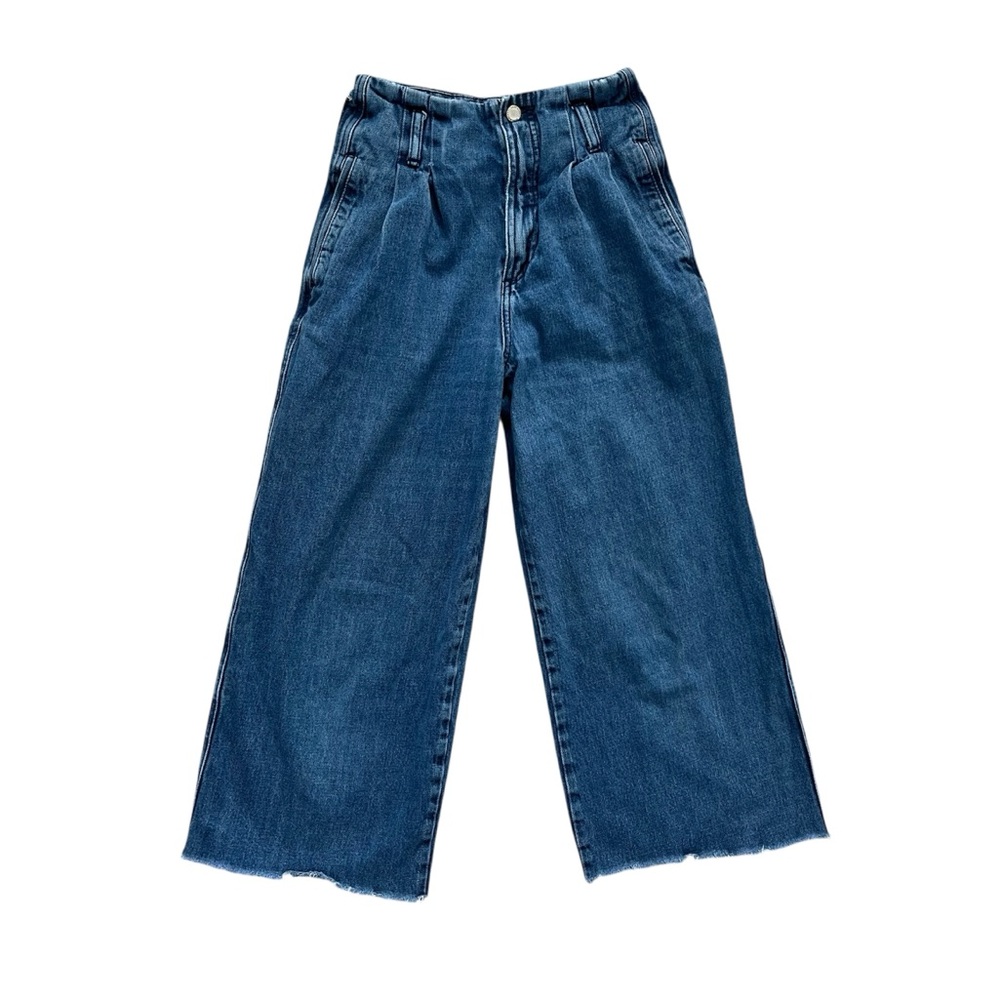 Zara Pleated Wide Leg Cropped High Rise High Waisted Raw Hem Jeans Size 00